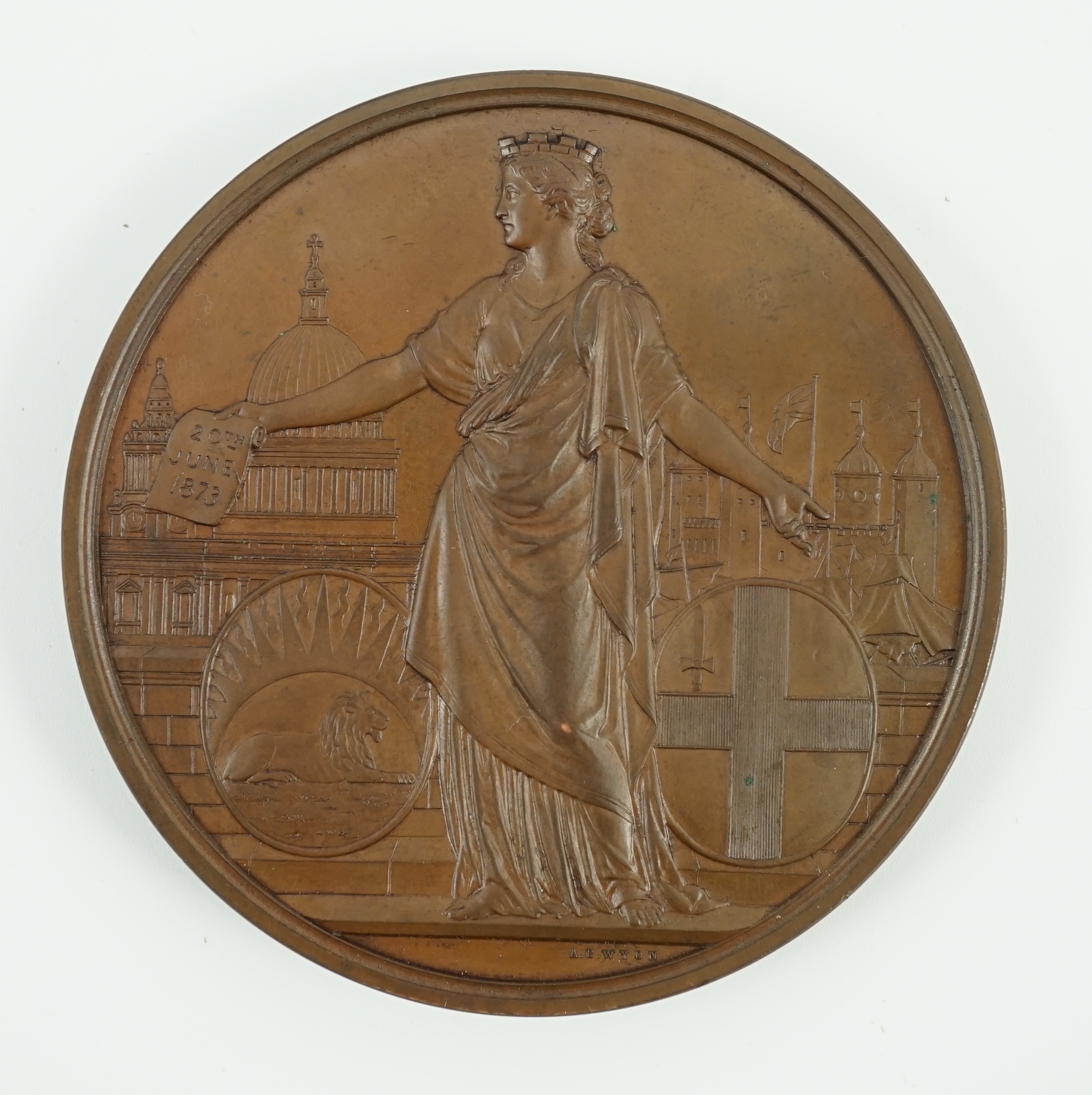 British commemorative medals – Victorian bronze medal marking the Visit of Nasser Ed Deen ‘Shah of Persia’ to London 1873, by A.B. Wyon, leather case